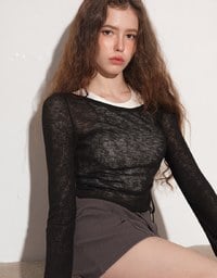 Sheer Knit Round Neck Long Sleeve Top with Adjustable Ruched Hem