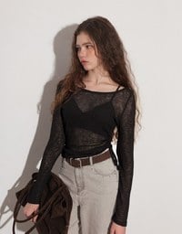 Sheer Knit Round Neck Long Sleeve Top with Adjustable Ruched Hem