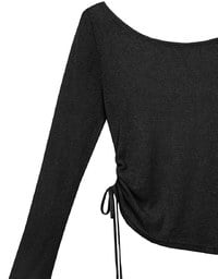 Sheer Knit Round Neck Long Sleeve Top with Adjustable Ruched Hem