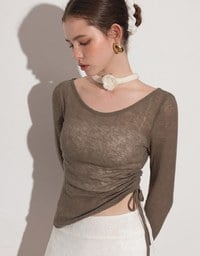 Sheer Knit Round Neck Long Sleeve Top with Adjustable Ruched Hem