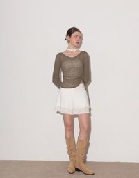 Sheer Knit Round Neck Long Sleeve Top with Adjustable Ruched Hem