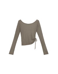 Sheer Knit Round Neck Long Sleeve Top with Adjustable Ruched Hem