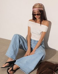 Fitted Off Shoulder Stretch Cotton Short Sleeve Top