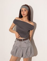 Fitted Off Shoulder Stretch Cotton Short Sleeve Top