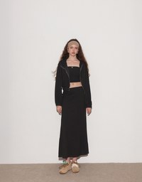 Cropped Zip Up Hoodie Jacket with Ribbed Elastic Hem
