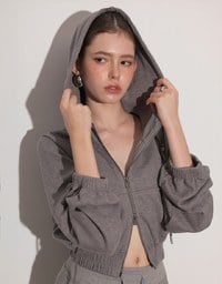 Cropped Zip Up Hoodie Jacket with Ribbed Elastic Hem