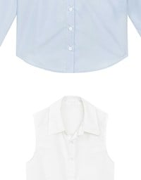 【Ling Cheng Design】Button Down Collared Shirt Blouse with Sleeveless Inner Shirt Set Wear  (Striped / Solid)