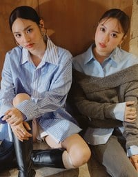 【Ling Cheng Design】Button Down Collared Shirt Blouse with Sleeveless Inner Shirt Set Wear  (Striped / Solid)