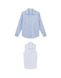 【Ling Cheng Design】Button Down Collared Shirt Blouse with Sleeveless Inner Shirt Set Wear  (Striped / Solid)