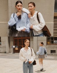 【Ling Cheng Design】Lace Trim Puff Sleeve Button Front Shirt Blouse