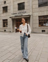 【Ling Cheng Design】Lace Trim Puff Sleeve Button Front Shirt Blouse