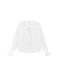 【Ling Cheng Design】Lace Trim Puff Sleeve Button Front Shirt Blouse
