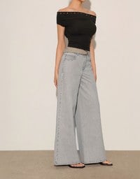 Studded Side Trim Wide Leg Jeans Denim Pants