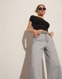 Studded Side Trim Wide Leg Jeans Denim Pants