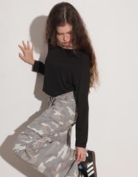 Drawstring Waist Wide Leg Cargo Pants (Camo Print/Leopard Print)