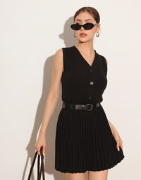 Button Front V Neck Knit Pleated Cami Dress