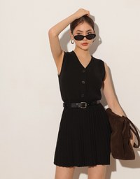 Button Front V Neck Knit Pleated Cami Dress