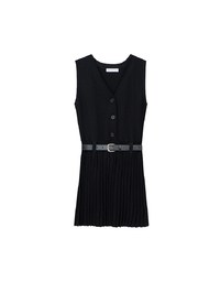 Button Front V Neck Knit Pleated Cami Dress