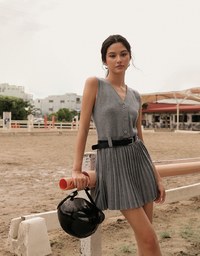 Button Front V Neck Knit Pleated Cami Dress