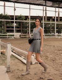 Button Front V Neck Knit Pleated Cami Dress