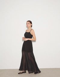 Layered Sheer Panel Spaghetti Strap Padded Maxi Dress