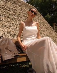 Layered Sheer Panel Spaghetti Strap Padded Maxi Dress