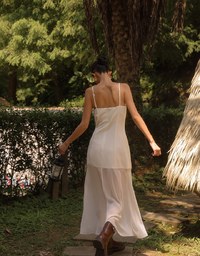 Layered Sheer Panel Spaghetti Strap Padded Maxi Dress
