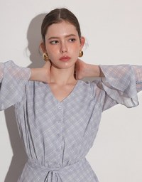 Drawstring Waist V Neck Flare Sleeve Mini Dress with Backless Bow Tie Detail