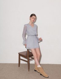 Drawstring Waist V Neck Flare Sleeve Mini Dress with Backless Bow Tie Detail