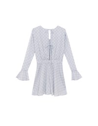 Drawstring Waist V Neck Flare Sleeve Mini Dress with Backless Bow Tie Detail