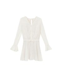 Drawstring Waist V Neck Flare Sleeve Mini Dress with Backless Bow Tie Detail