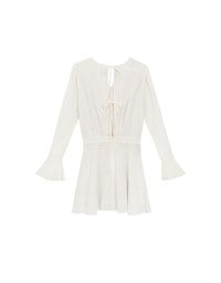 Drawstring Waist V Neck Flare Sleeve Mini Dress with Backless Bow Tie Detail