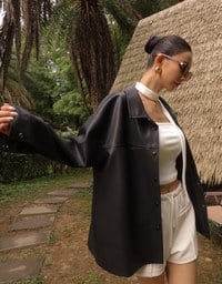 Classic Collar Faux Leather Snap Button Oversized Jacket