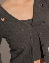 Heart Cutout Buttoned Knit Cardigan and Spaghetti Strap Crop Camisole Set Wear