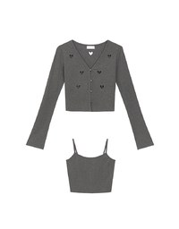 Heart Cutout Buttoned Knit Cardigan and Spaghetti Strap Crop Camisole Set Wear