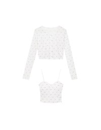 Sheer Mesh Long Sleeve Cardigan with Matching Floral Print Padded Crop Cami Top Set Wear