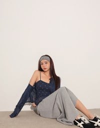 Sheer Mesh Long Sleeve Cardigan with Matching Floral Print Padded Crop Cami Top Set Wear