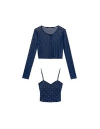 Sheer Mesh Long Sleeve Cardigan with Matching Floral Print Padded Crop Cami Top Set Wear