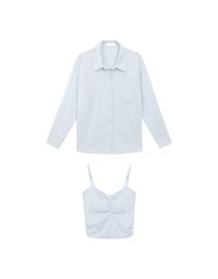 Striped Button Down Shirt Blouse with Ruched Cami Bra Top Set Wear