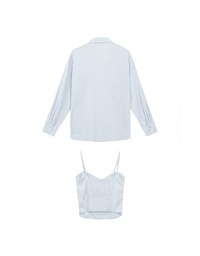 Striped Button Down Shirt Blouse with Ruched Cami Bra Top Set Wear