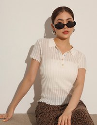 Semi-Sheer Knit Polo Top with Pastel Button Design