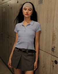 Semi-Sheer Knit Polo Top with Pastel Button Design