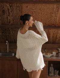 Distressed Hem Open Knit Pullover Sweater
