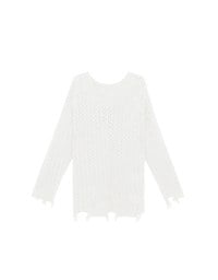 Distressed Hem Open Knit Pullover Sweater