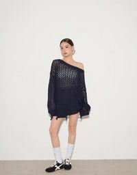 Distressed Hem Open Knit Pullover Sweater