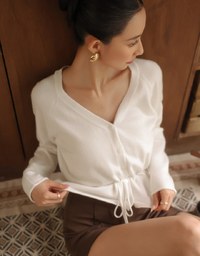 Drawstring Waist V Neck Button Down Knit Cardigan Top