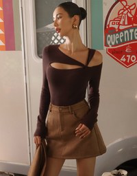 Asymmetrical Cut Out Ribbed Knit Long Sleeve Top