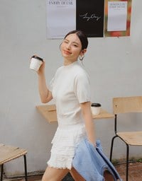 【Ling Cheng Design】Mock Neck Short Sleeve Fitted Ribbed Knit Top