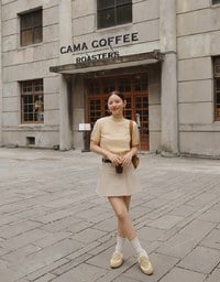 【Ling Cheng Design】Mock Neck Short Sleeve Fitted Ribbed Knit Top