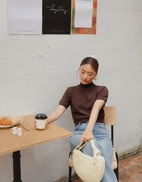 【Ling Cheng Design】Mock Neck Short Sleeve Fitted Ribbed Knit Top